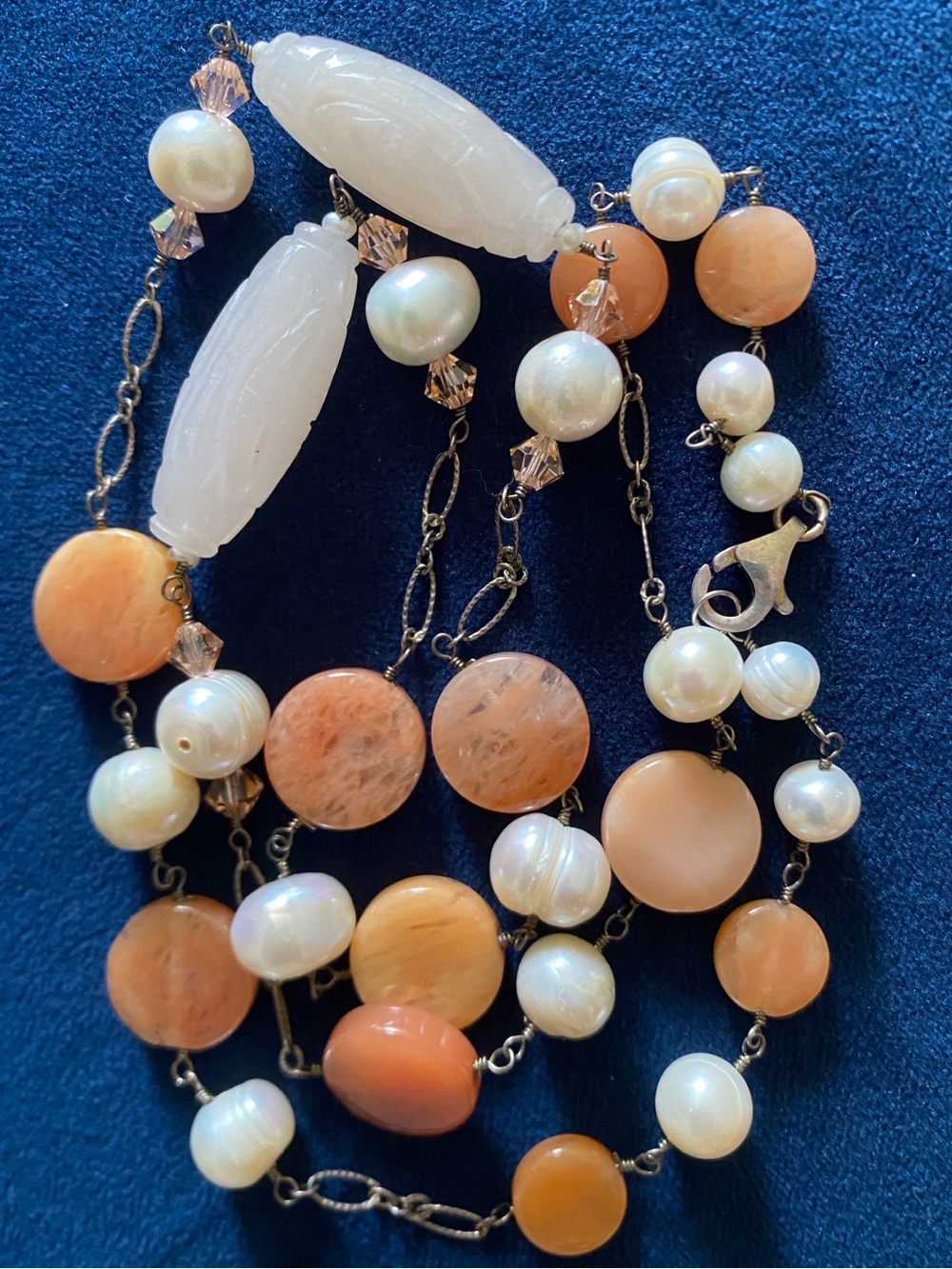 Vintage Genuine Pearl & Natural Stone 925 Clasp Long Necklace 28”